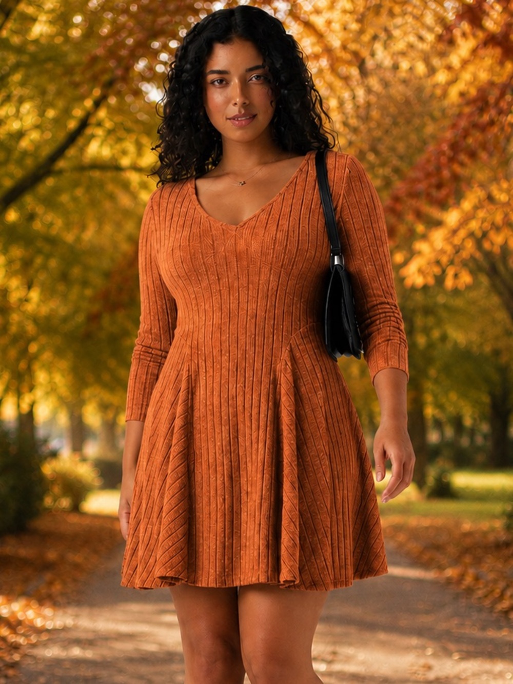 HALARA Brown Ribbed V-Neck Fit-and-Flare Mini Dress